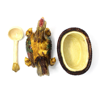 Hen in Nest with Baby Chicks, Tureen with Ladle, Majolica Ceramic Handmade in Portugal, 3D, Vintage 1970s