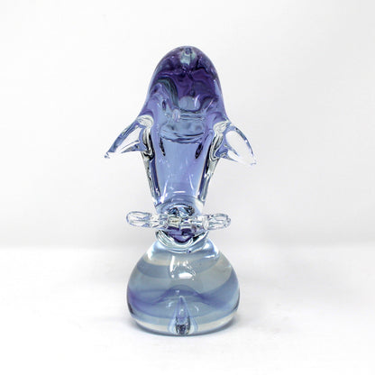 Sculpture, Art Glass, Leaping Dolphin on Sphere, Neodymium Alexandrite Glass, Lilac, Vintage 1970s