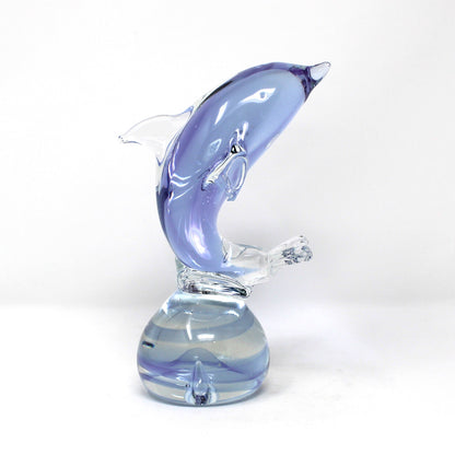 Sculpture, Art Glass, Leaping Dolphin on Sphere, Neodymium Alexandrite Glass, Lilac, Vintage 1970s
