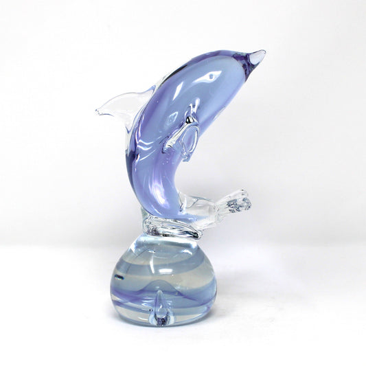 Sculpture, Art Glass, Leaping Dolphin on Sphere, Neodymium Alexandrite Glass, Lilac, Vintage 1970s