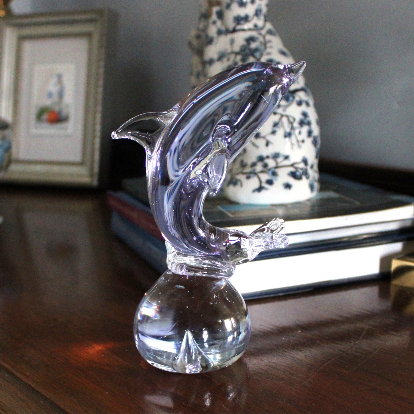Sculpture, Art Glass, Leaping Dolphin on Sphere, Neodymium Alexandrite Glass, Lilac, Vintage 1970s