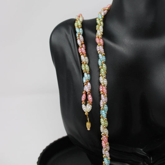 Demi Parure, Sarah Coventry, Necklace and Bracelet Set, Multicolor Pastels Braided Torsade, Vintage 1970's