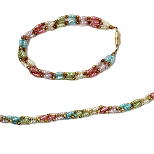 Demi Parure, Sarah Coventry, Necklace and Bracelet Set, Multicolor Pastels Braided Torsade, Vintage 1970's