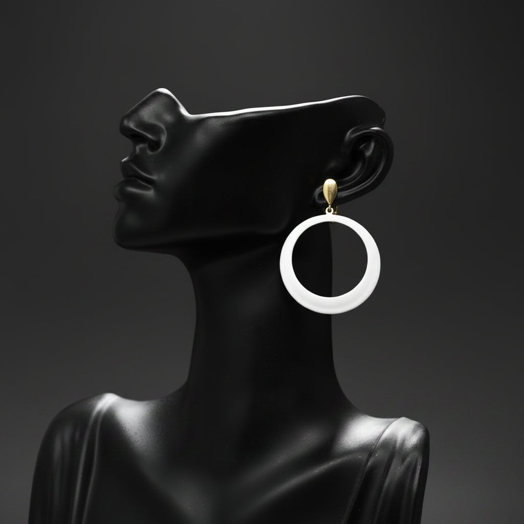 Earrings, L H Segal, White Enamel Hoops Clip Earrings, Gold Tone, Signed, Vintage 1960's