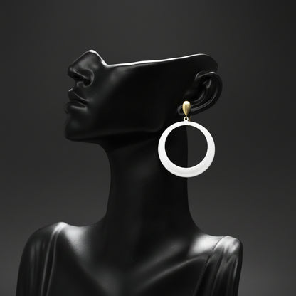 Earrings, L H Segal, White Enamel Hoops Clip Earrings, Gold Tone, Signed, Vintage 1960's