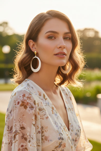 vintage fashion hoop earrings white enamel with gold tone clasps.  Summer fashion