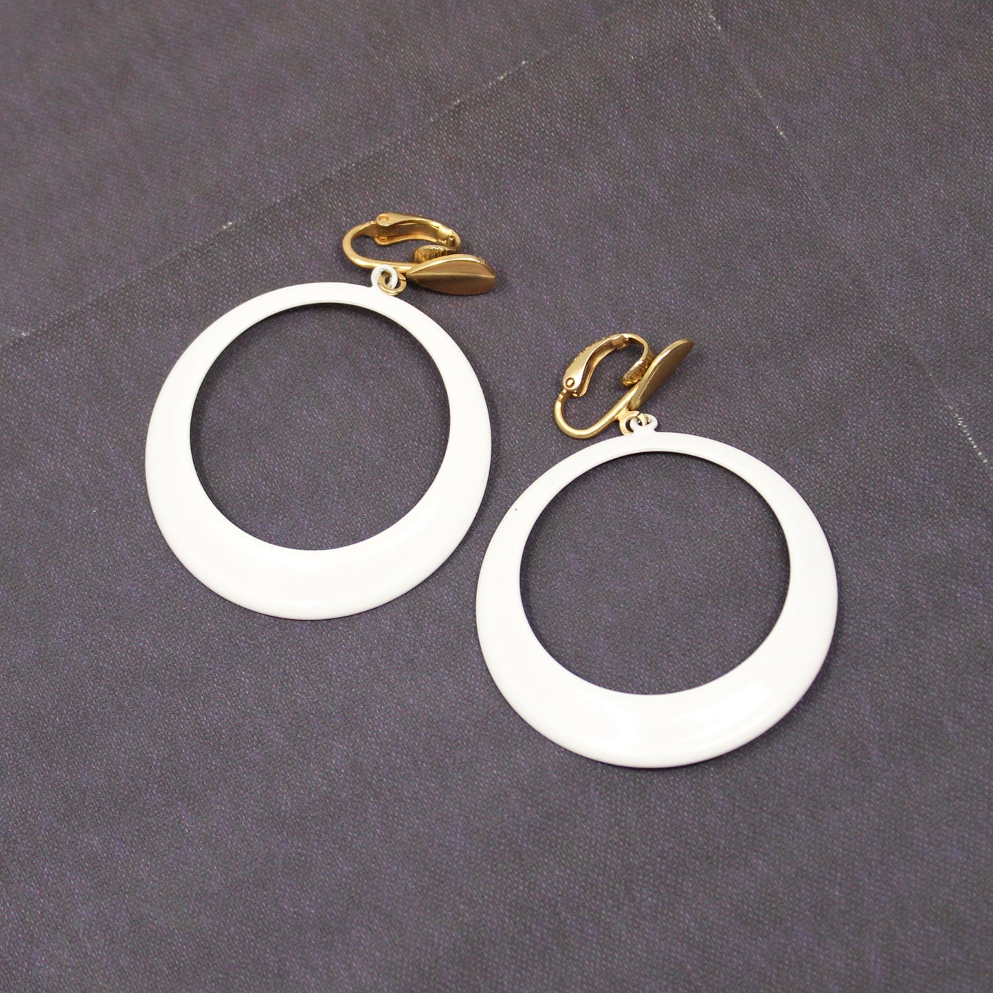 Earrings, L H Segal, White Enamel Hoops Clip Earrings, Gold Tone, Signed, Vintage 1960's