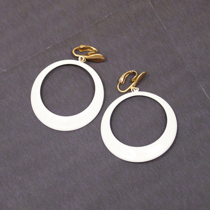 Earrings, L H Segal, White Enamel Hoops Clip Earrings, Gold Tone, Signed, Vintage 1960's