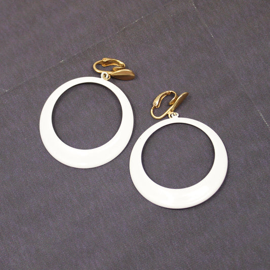 Earrings, L H Segal, White Enamel Hoops Clip Earrings, Gold Tone, Signed, Vintage 1960's