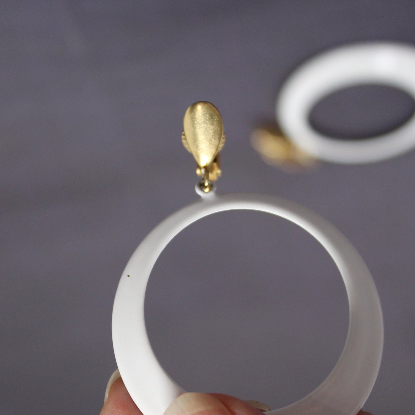 Earrings, L H Segal, White Enamel Hoops Clip Earrings, Gold Tone, Signed, Vintage 1960's
