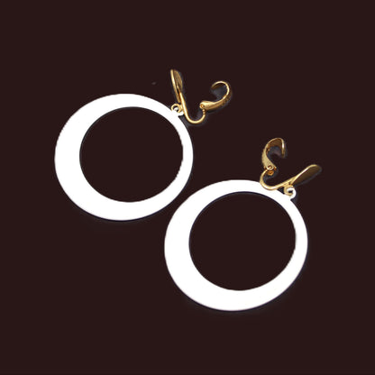 Earrings, L H Segal, White Enamel Hoops Clip Earrings, Gold Tone, Signed, Vintage 1960's