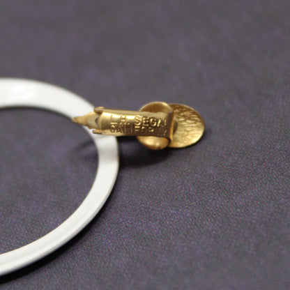 Earrings, L H Segal, White Enamel Hoops Clip Earrings, Gold Tone, Signed, Vintage 1960's