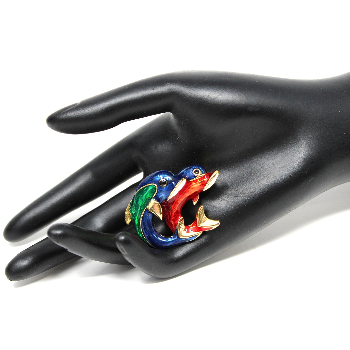 Brooch / Pin, Two Leaping Dolphins, Enamel Red, Blue, Green, White, Gold Tone, Vintage