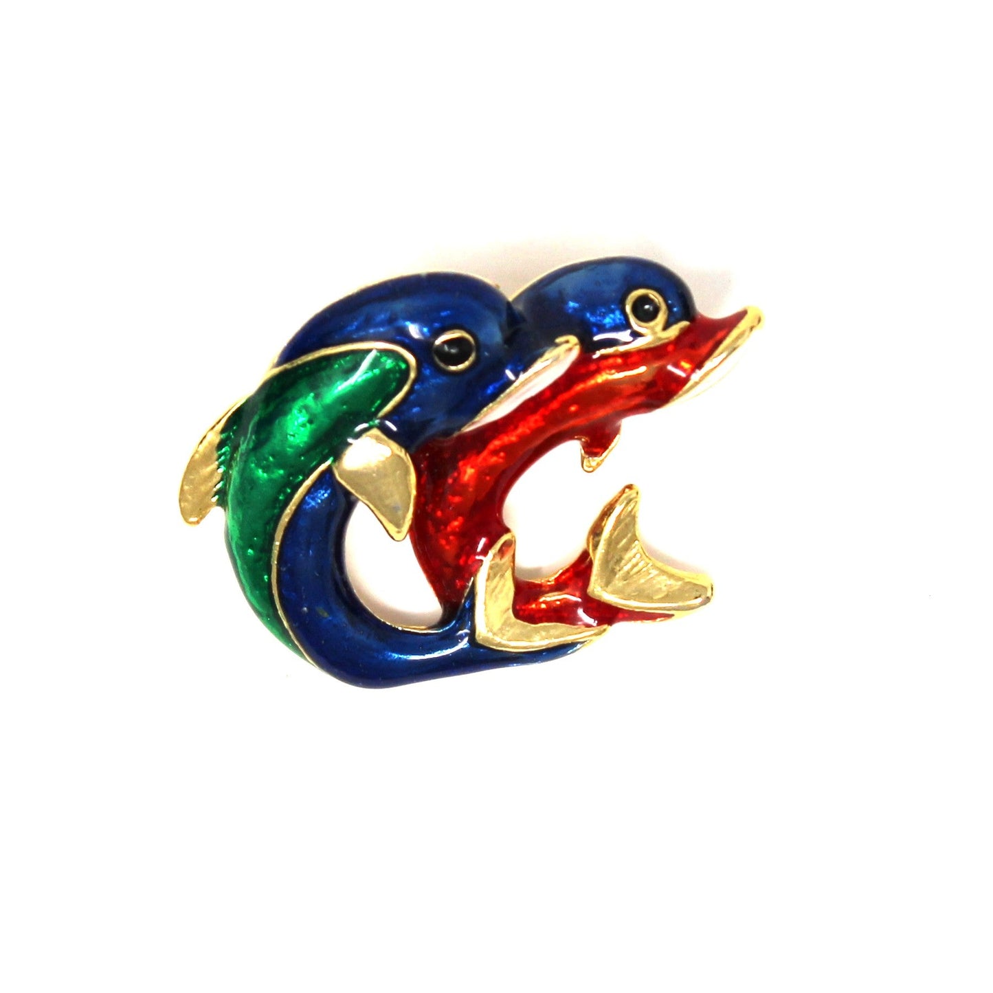 Colorful dolphin brooch with gold accents. Blue, Red and Green Enamel.