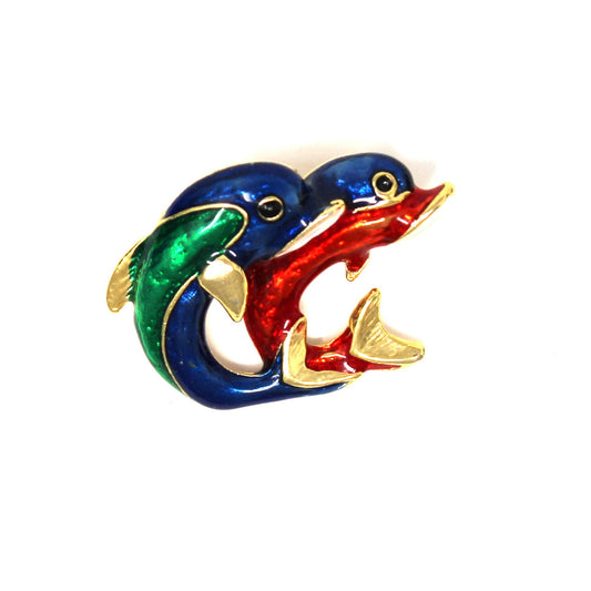 Colorful dolphin brooch with gold accents. Blue, Red and Green Enamel.