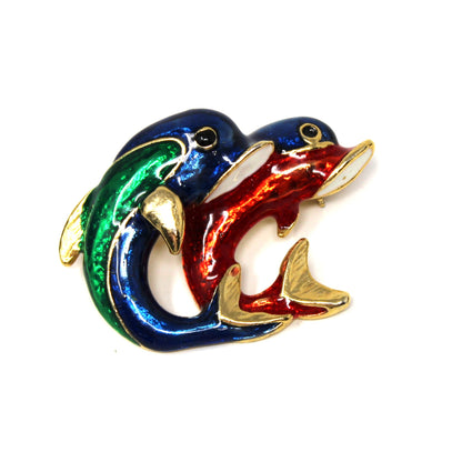 Brooch / Pin, Two Leaping Dolphins, Enamel Red, Blue, Green, White, Gold Tone, Vintage