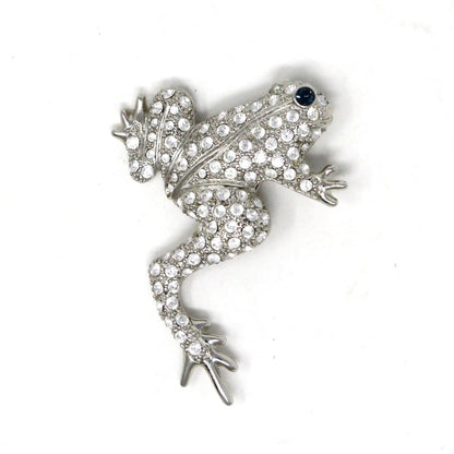 Brooch / Pin, Figural Frog, Pave Rhinestones, KUO, Silver Tone, Vintage