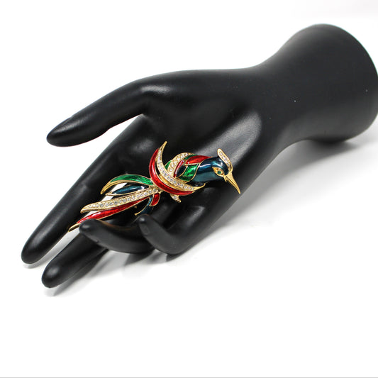 Brooch, Giovanni D'Orlan Figural Tropical Bird, Rhinestone & Enamel, Signed Gold-Tone, Vintage 1980s