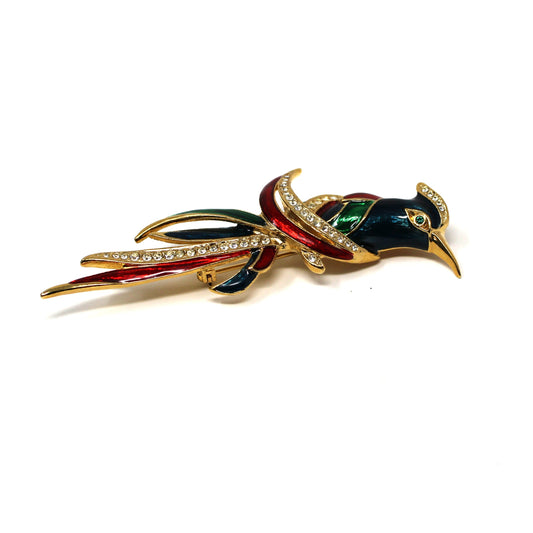 Brooch, Giovanni D'Orlan Figural Tropical Bird, Rhinestone & Enamel, Signed Gold-Tone, Vintage 1980s