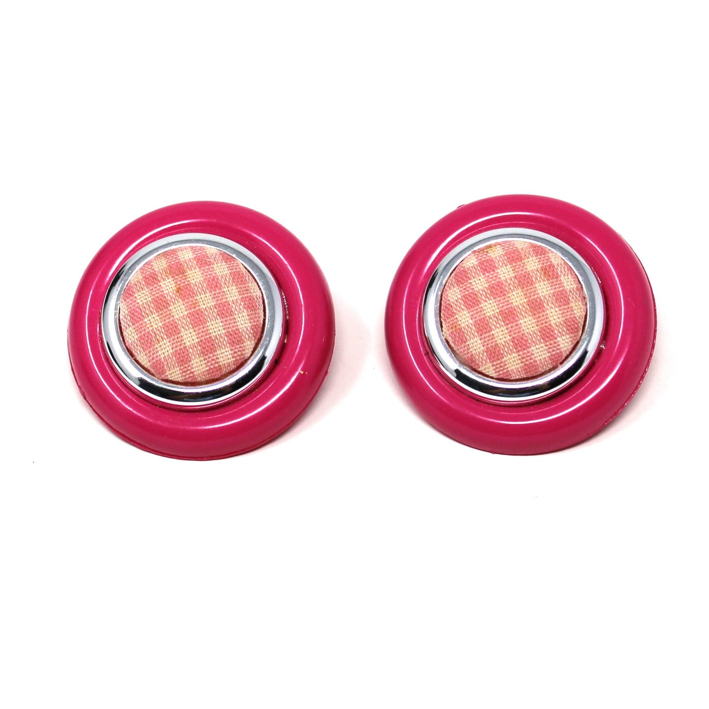 Earrings, KMQ, Pink or Yellow Gingham Button Clip-Ons, Silver-Tone, Vintage 1980s–1990s
