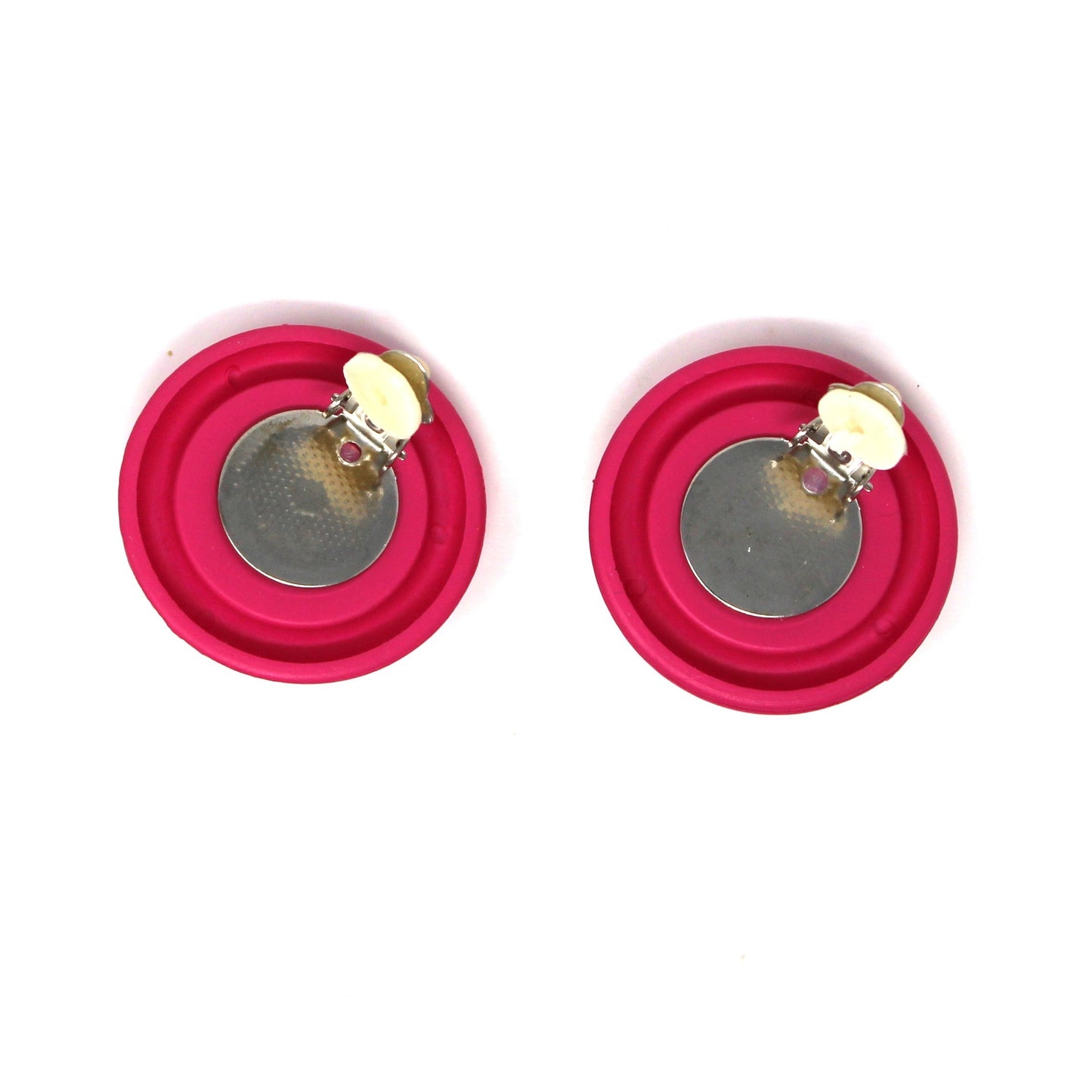 Earrings, KMQ, Pink or Yellow Gingham Button Clip-Ons, Silver-Tone, Vintage 1980s–1990s