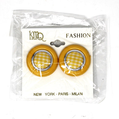 Earrings, KMQ, Pink or Yellow Gingham Button Clip-Ons, Silver-Tone, Vintage 1980s–1990s