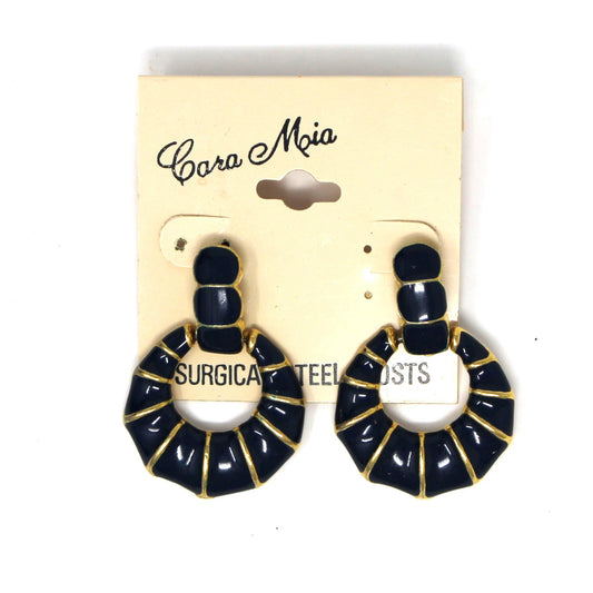 Earrings, Cara Mia, Navy Blue & Gold Enamel Dangle Hoops, Pierced Gold-Tone, Vintage 1980s–1990s