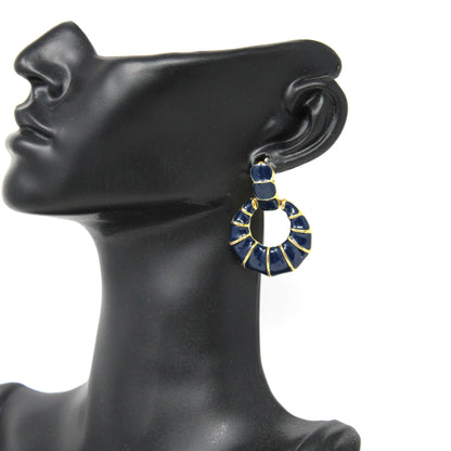 Earrings, Cara Mia, Navy Blue & Gold Enamel Dangle Hoops, Pierced Gold-Tone, Vintage 1980s–1990s