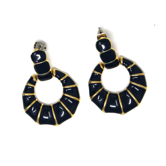 Earrings, Cara Mia, Navy Blue & Gold Enamel Dangle Hoops, Pierced Gold-Tone, Vintage 1980s–1990s
