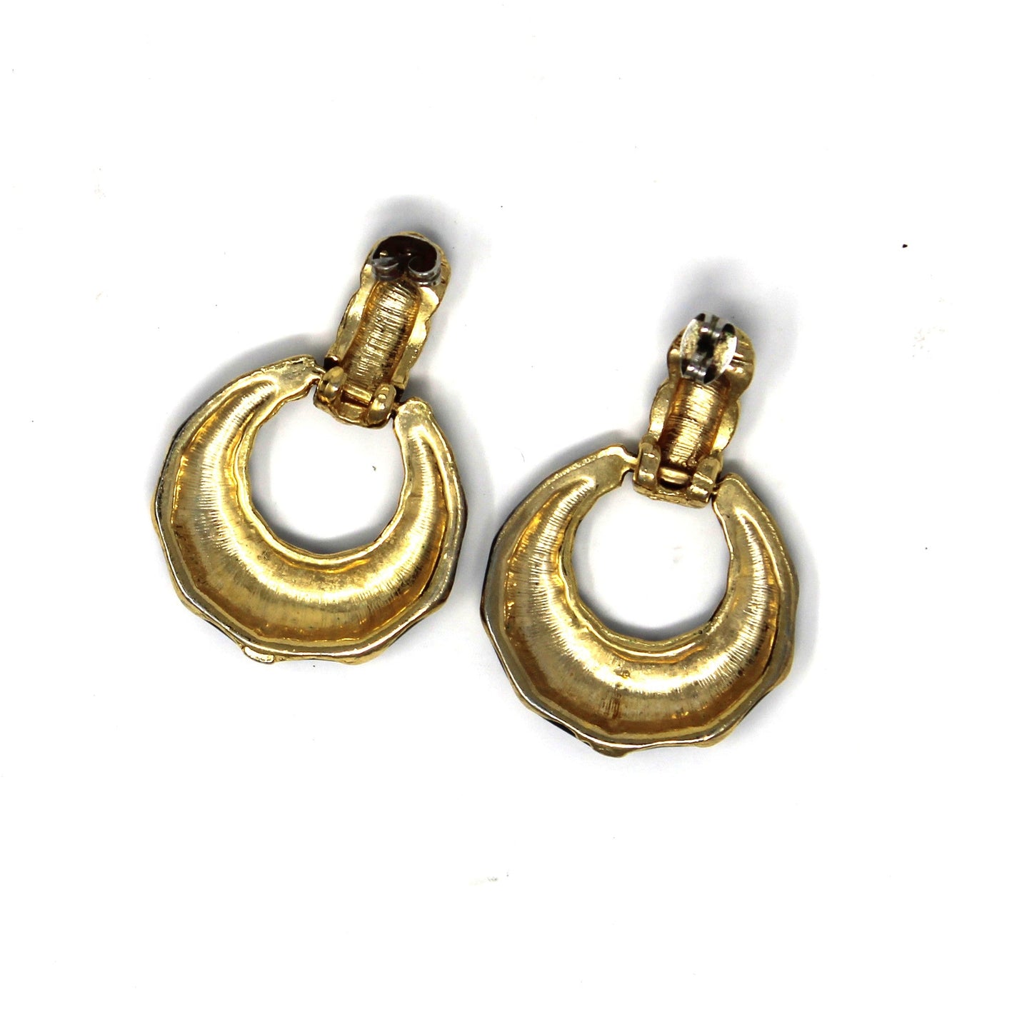 Earrings, Cara Mia, Navy Blue & Gold Enamel Dangle Hoops, Pierced Gold-Tone, Vintage 1980s–1990s