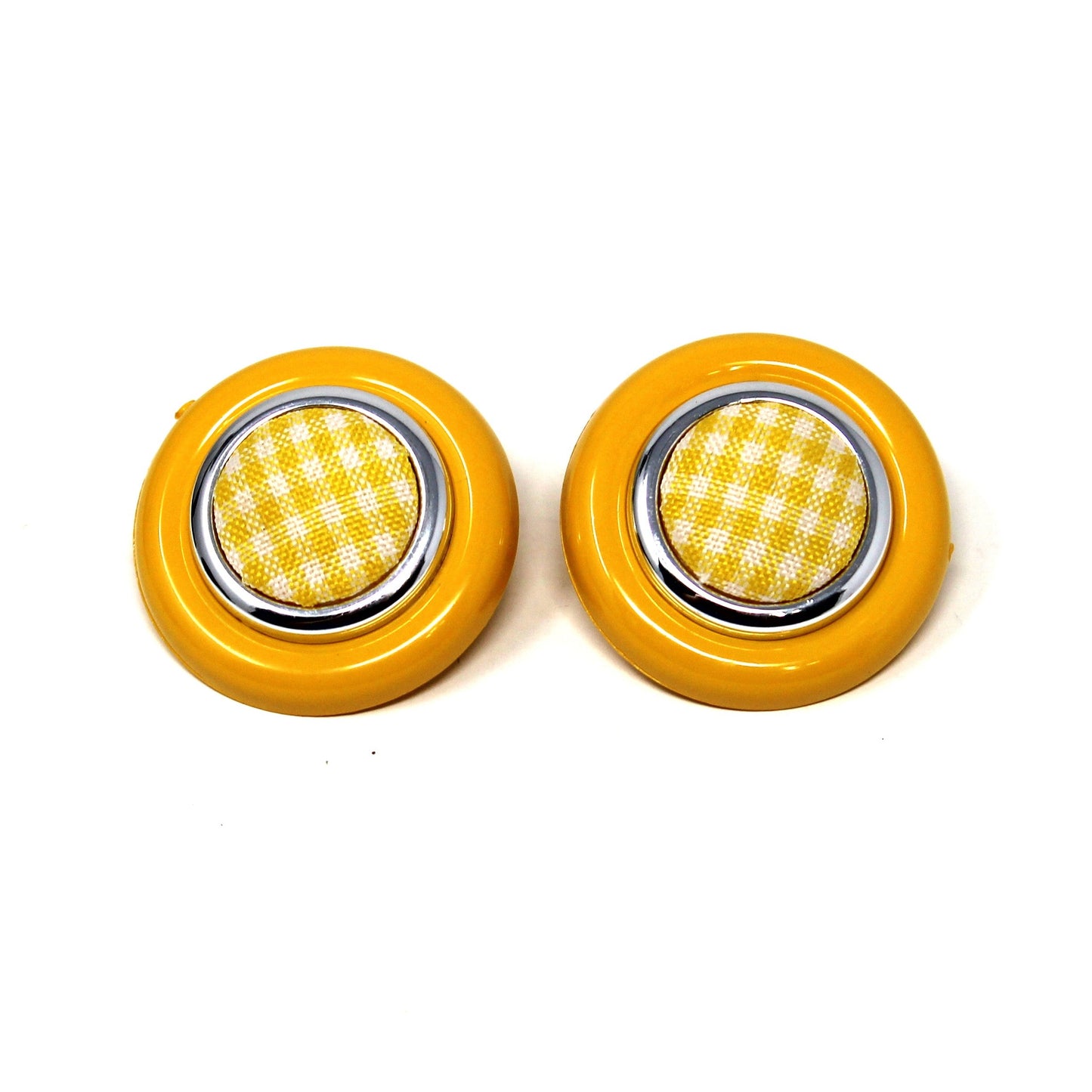 Earrings, KMQ, Pink or Yellow Gingham Button Clip-Ons, Silver-Tone, Vintage 1980s–1990s