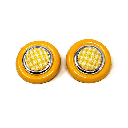 Earrings, KMQ, Pink or Yellow Gingham Button Clip-Ons, Silver-Tone, Vintage 1980s–1990s