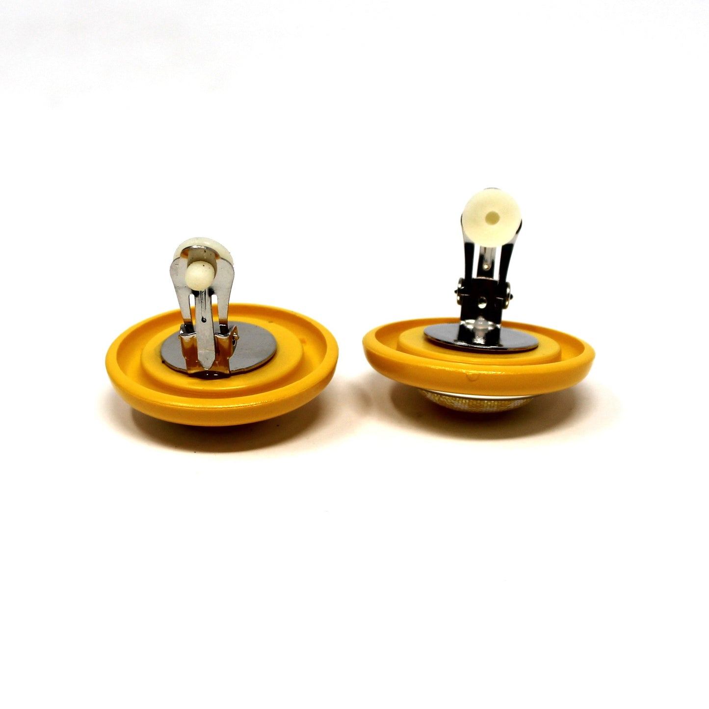 Earrings, KMQ, Pink or Yellow Gingham Button Clip-Ons, Silver-Tone, Vintage 1980s–1990s