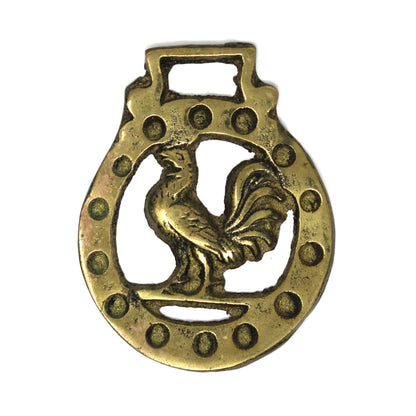 Vintage Horse Brass Bridle Medallion, Farmhouse Rooster Design, Punched Border Equestrian Décor, England, 1920s–1940s