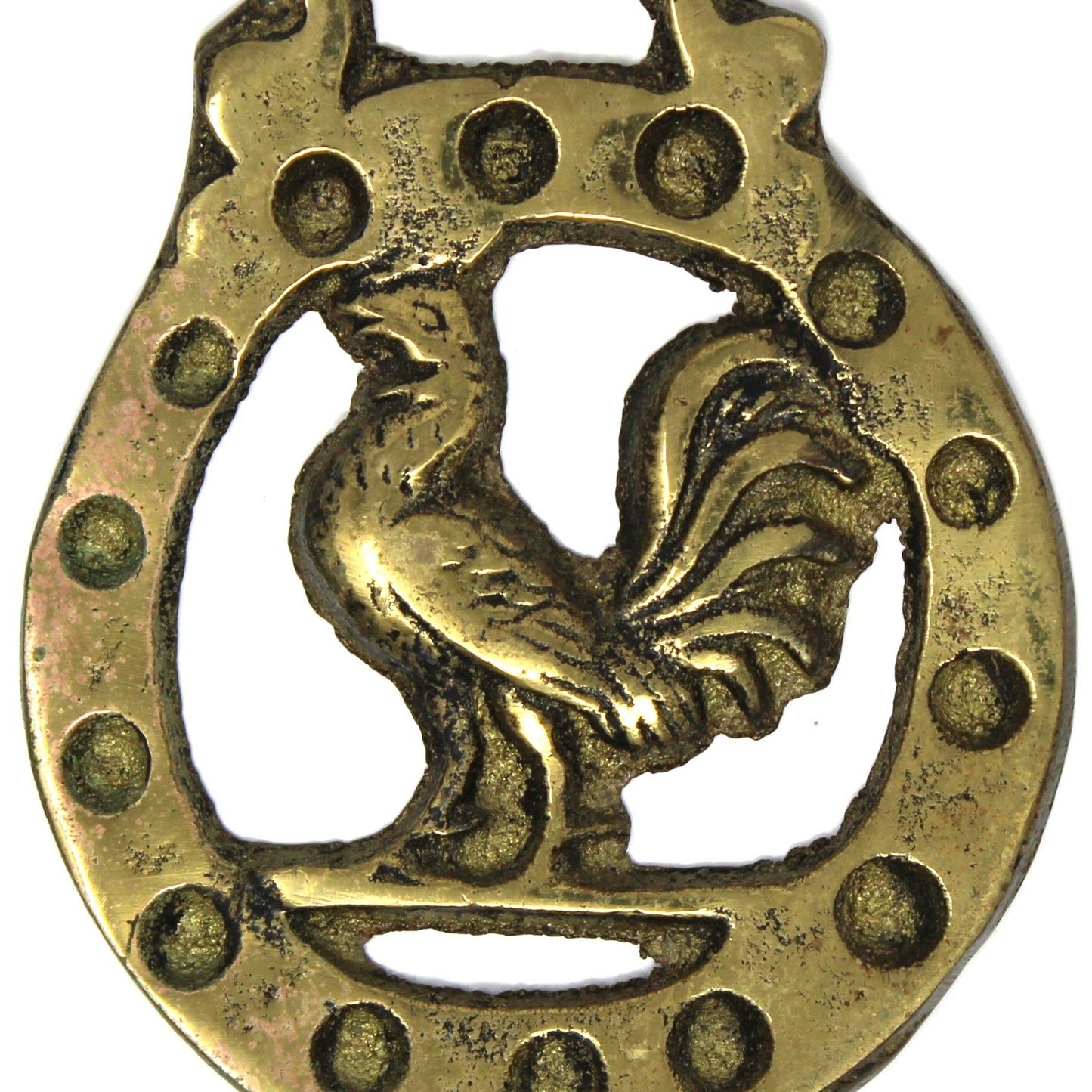 Horse Brass Bridle Medallion, Farmhouse Rooster Design, Punched Border Equestrian Décor, England, 1920s–1940s