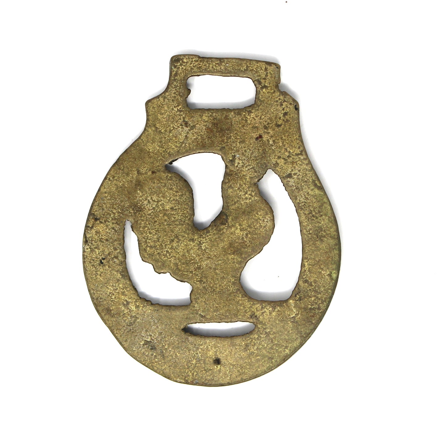 Horse Brass Bridle Medallion, Farmhouse Rooster Design, Punched Border Equestrian Décor, England, 1920s–1940s