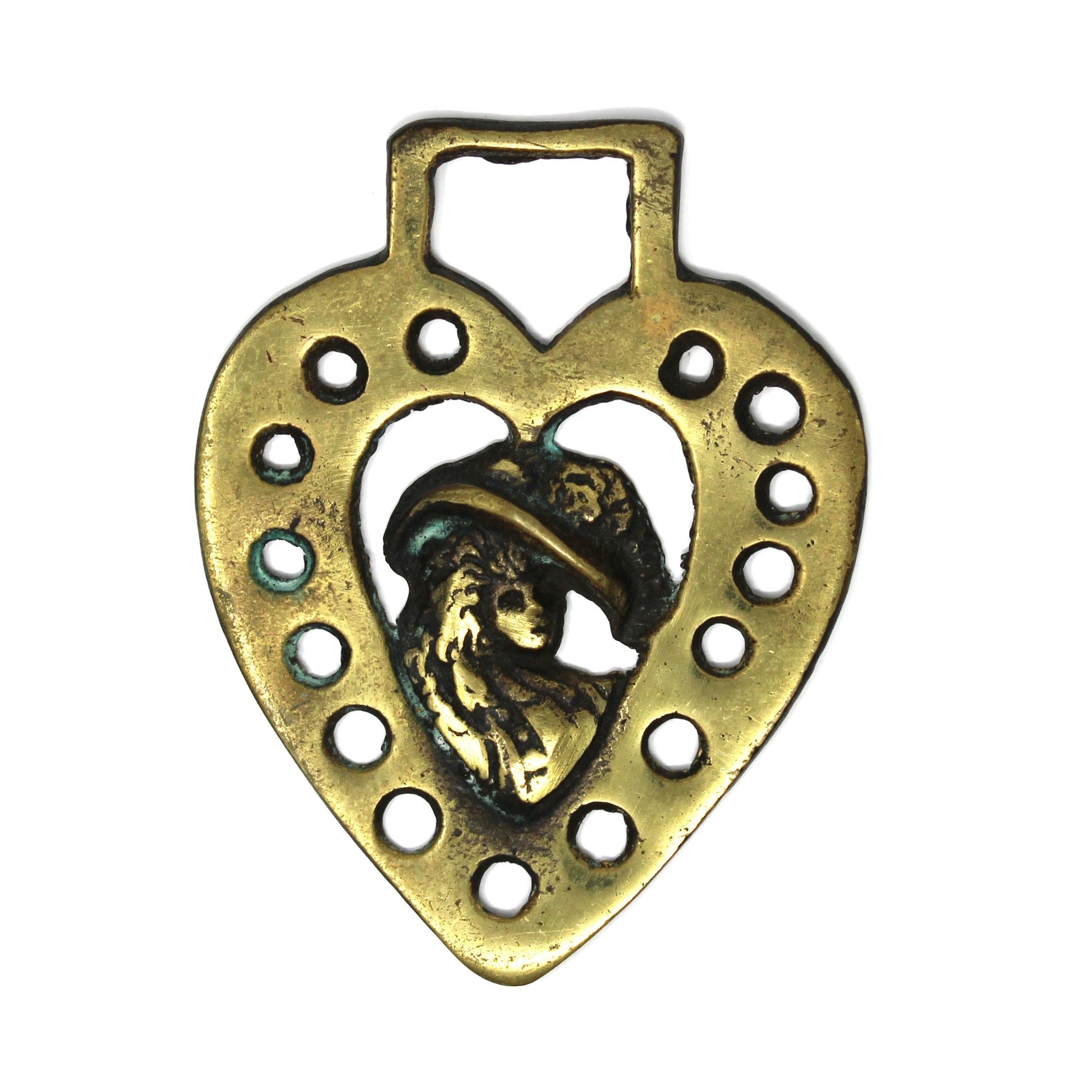 Vintage Horse Brass Bridle Medallion, Duchess of Devonshire Heart Design, Punched Border Equestrian Décor, England, 1920s–1940s.