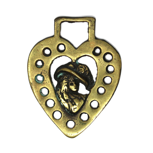 Vintage Horse Brass Bridle Medallion, Duchess of Devonshire Heart Design, Punched Border Equestrian Décor, England, 1920s–1940s.