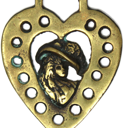 Horse Brass Bridle Medallion, Duchess of Devonshire Heart Design, Punched Border Equestrian Décor, England, 1920s–1940s