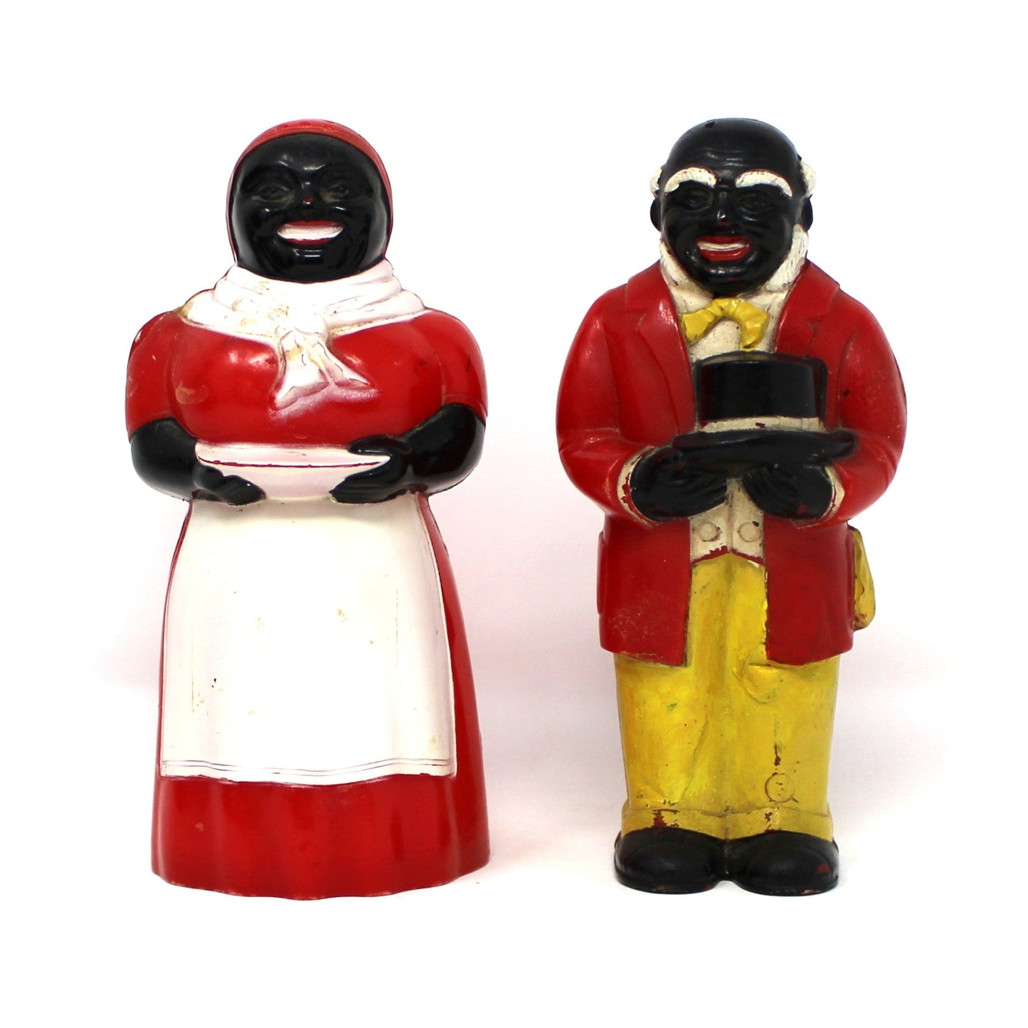 Salt and Pepper Shakers, Aunt Jemima & Uncle Mose, 5" Black Americana Figural Plastic, F&F Mold & Die Works, USA, Vintage 1949–1950s