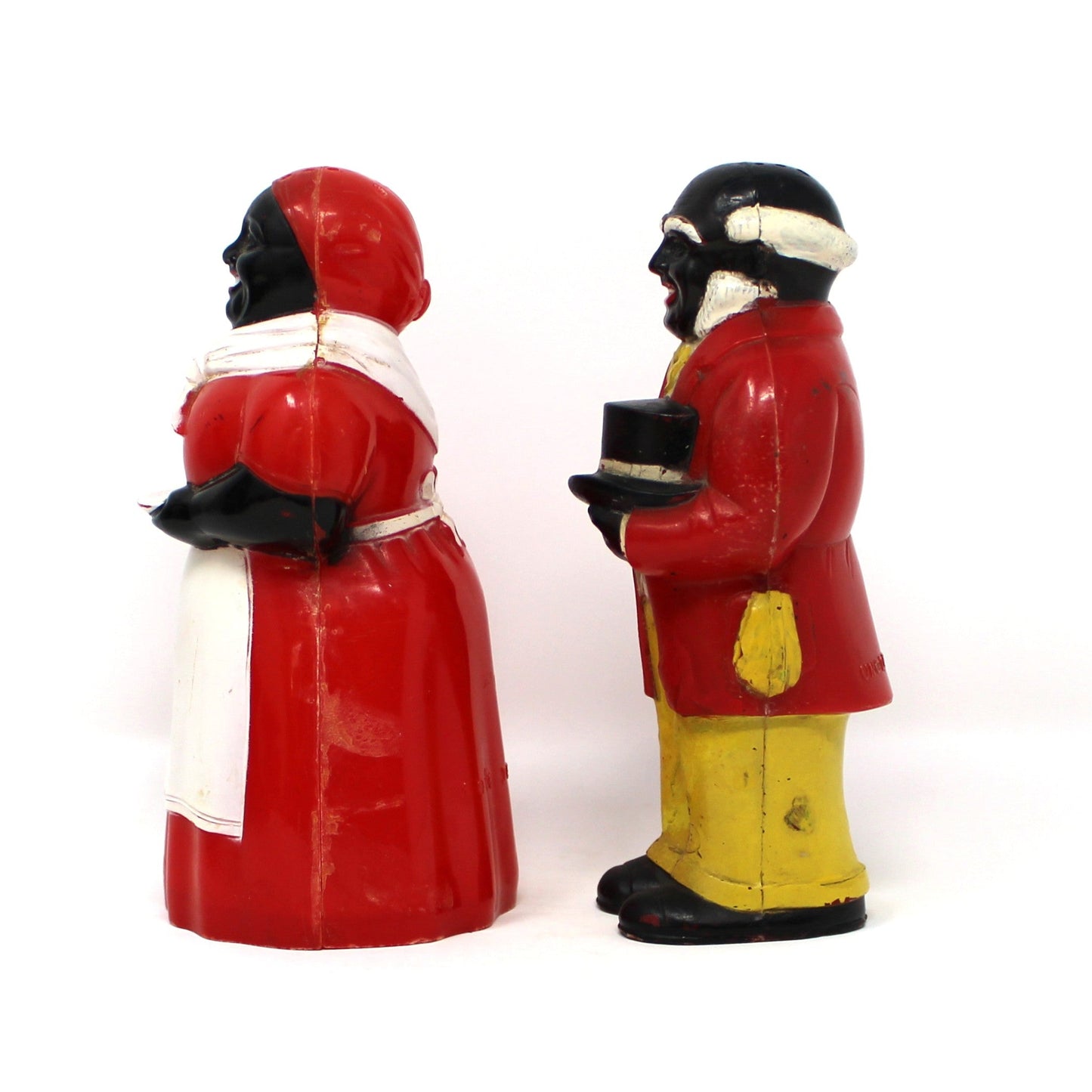 Salt and Pepper Shakers, Aunt Jemima & Uncle Mose, 5" Black Americana Figural Plastic, F&F Mold & Die Works, USA, Vintage 1949–1950s