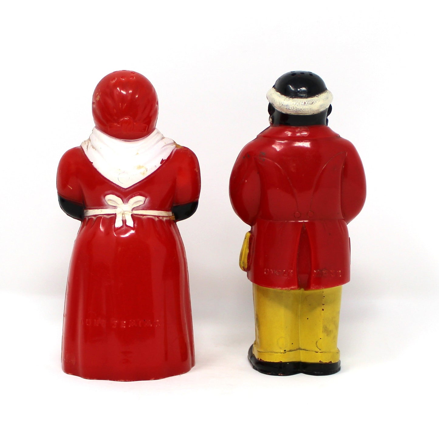 Salt and Pepper Shakers, Aunt Jemima & Uncle Mose, 5" Black Americana Figural Plastic, F&F Mold & Die Works, USA, Vintage 1949–1950s
