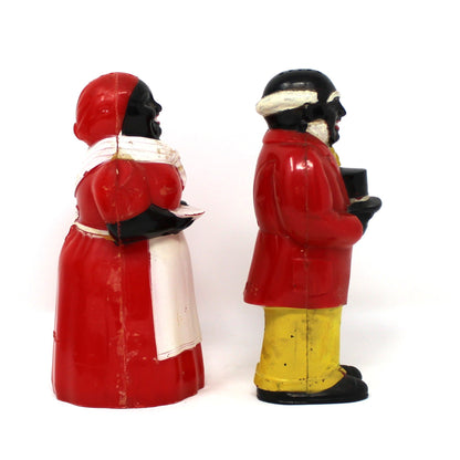 Salt and Pepper Shakers, Aunt Jemima & Uncle Mose, 5" Black Americana Figural Plastic, F&F Mold & Die Works, USA, Vintage 1949–1950s