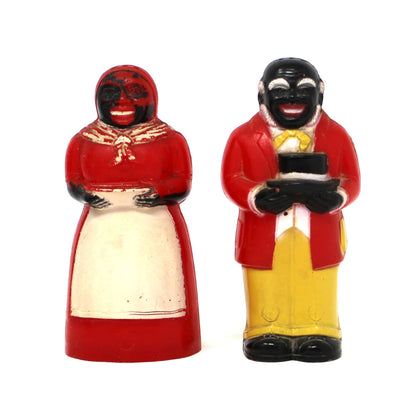 Salt and Pepper Shakers, Aunt Jemima & Uncle Mose, Black Americana Figural Plastic, F&F Mold & Die Works, USA, Vintage 1949–1950s
