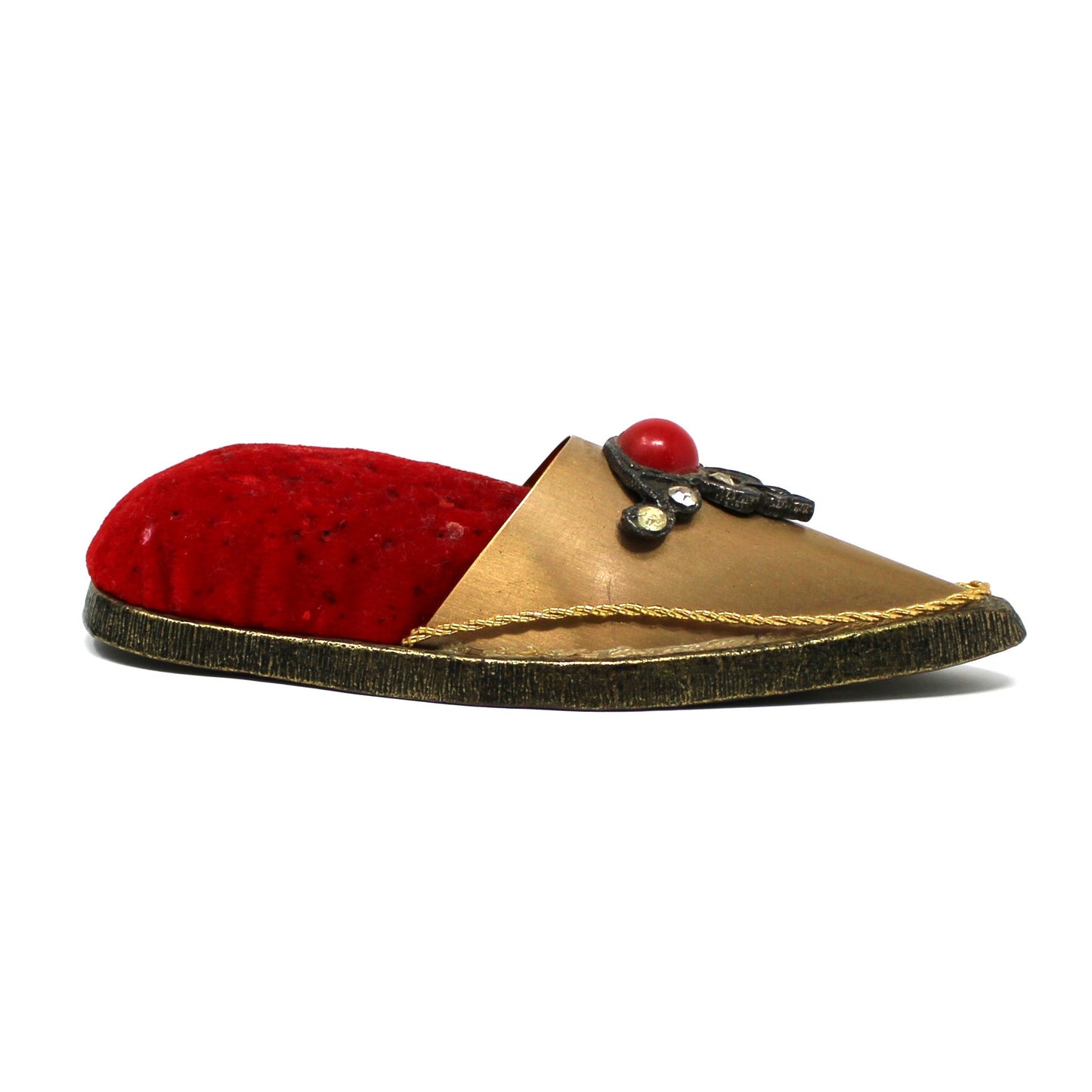 Pincushion, Jeweled Shoe Slipper, Red Velvet & Gold, Jameco Metal Products, USA, Vintage 1960s