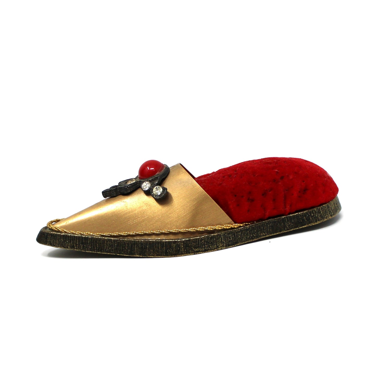 Pincushion, Jeweled Shoe Slipper, Red Velvet & Gold, Jameco Metal Products, USA, Vintage 1960s