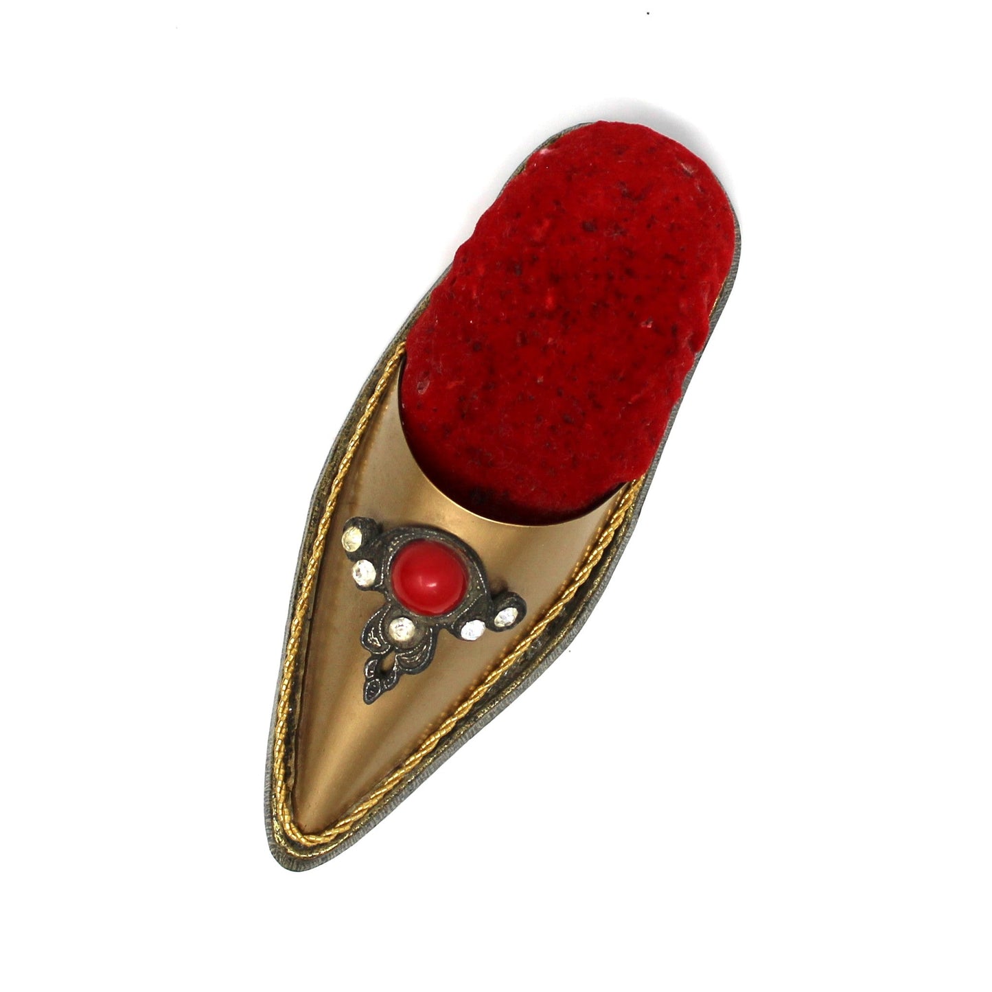 A single pointed-toe slip-on shoe with a metallic gold leather body, a bright red felt top, and a decorative red and silver emblem on the front, shown against a plain white background.
