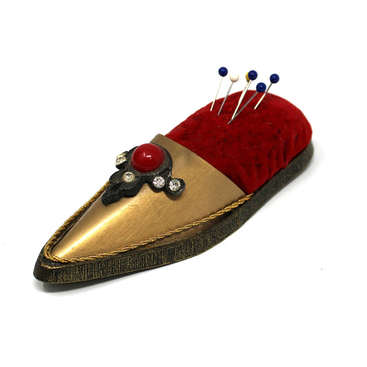 Pincushion, Jeweled Shoe Slipper, Red Velvet & Gold, Jameco Metal Products, Vintage 1960s