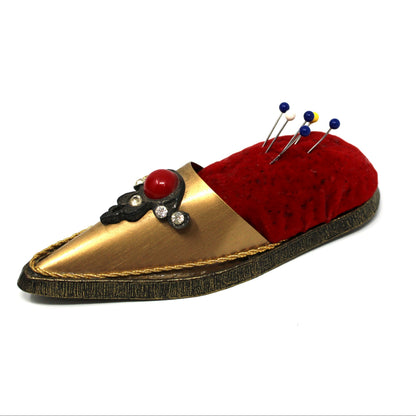 Pincushion, Jeweled Shoe Slipper, Red Velvet & Gold, Jameco Metal Products, USA, Vintage 1960s
