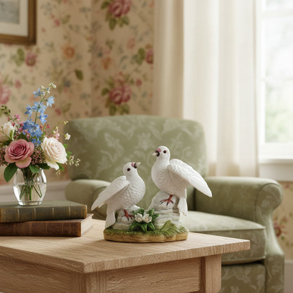 Figurine, Two White Doves on Rocks, Hand-Painted Bisque Porcelain, Taiwan, Vintage